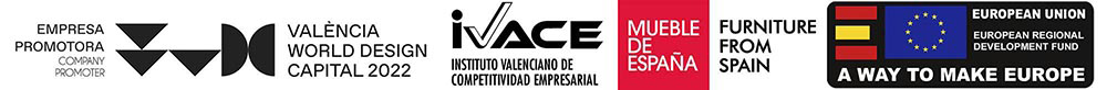 logotipo empresa promotora Valencia World Design Capital 2022, logotipo Ivace, logotipo Mueble de España, logotipo A way to make Europe, logotipo Generalitat Valenciana, consellería de Economia Sostenible...